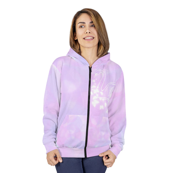 Purple jacket with swan design Unisex Zip Hoodie (AOP)