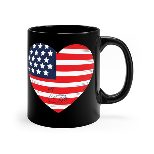 American flag in heart with a swan  Black Mug